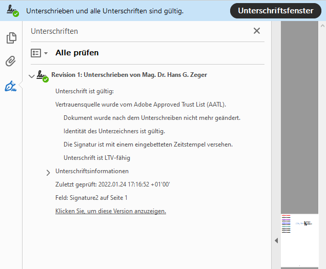 So sieht die Prüfung Adobe-konformer Signaturen aus