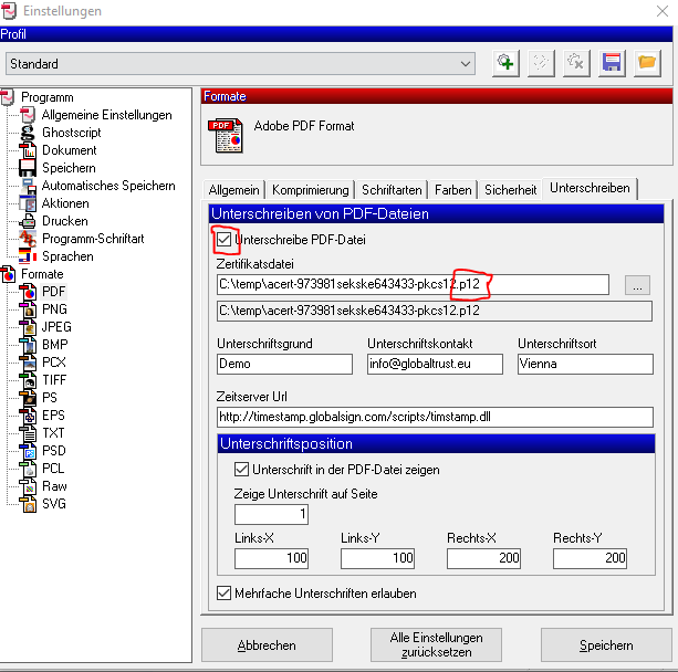 PKCS12-Datei laden und Signaturparameter setzen