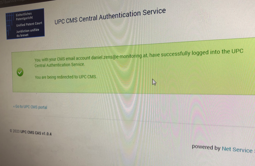 Screenshot of a successful login to the UPC's CMS using a GLOBALTRUST UPC Token